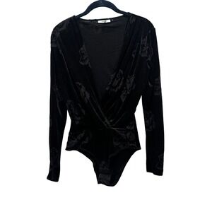 GANNI Black Velvet Sexy Dark Floral Plunge Long Sleeve Bodysuit Size 36 M US 6